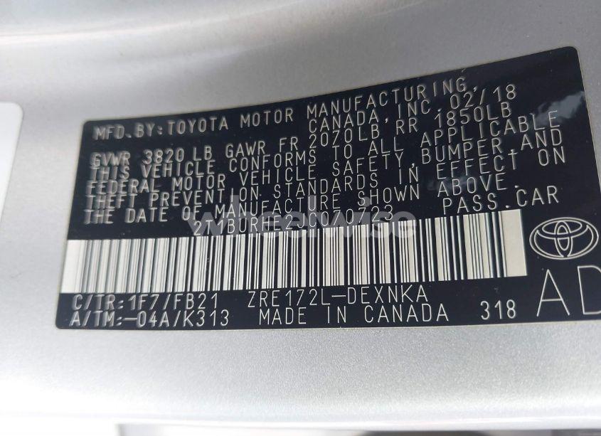 Photo 9 of 2018 Toyota Corolla LE (VIN 2T1BURHE2JC070723)