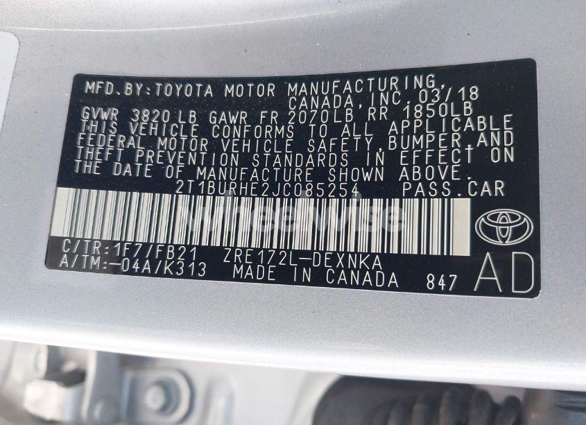 Photo 9 of 2018 Toyota Corolla LE (VIN 2T1BURHE2JC085254)