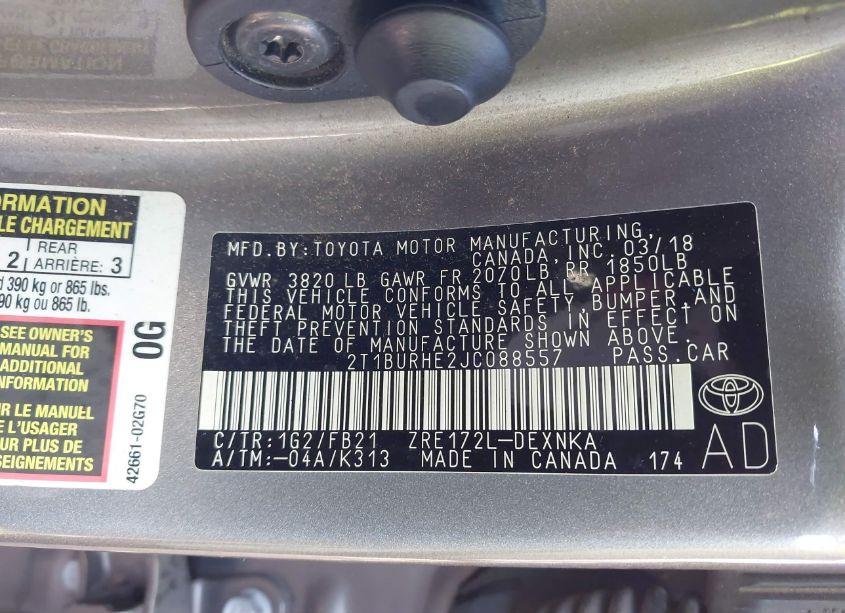 Photo 9 of 2018 Toyota Corolla LE (VIN 2T1BURHE2JC088557)