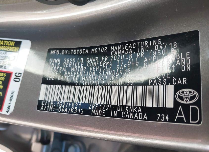 Photo 9 of 2018 Toyota Corolla LE (VIN 2T1BURHE2JC090132)