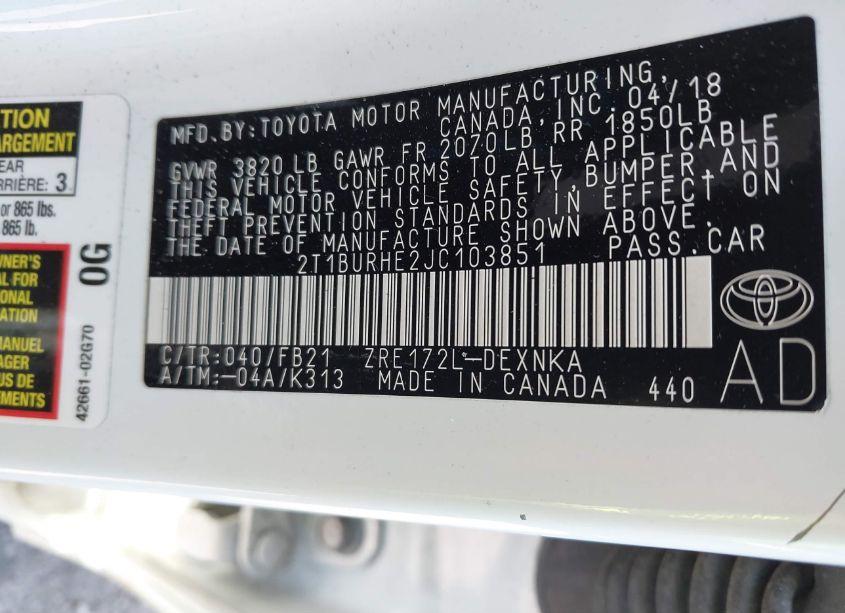 Photo 9 of 2018 Toyota Corolla LE (VIN 2T1BURHE2JC103851)