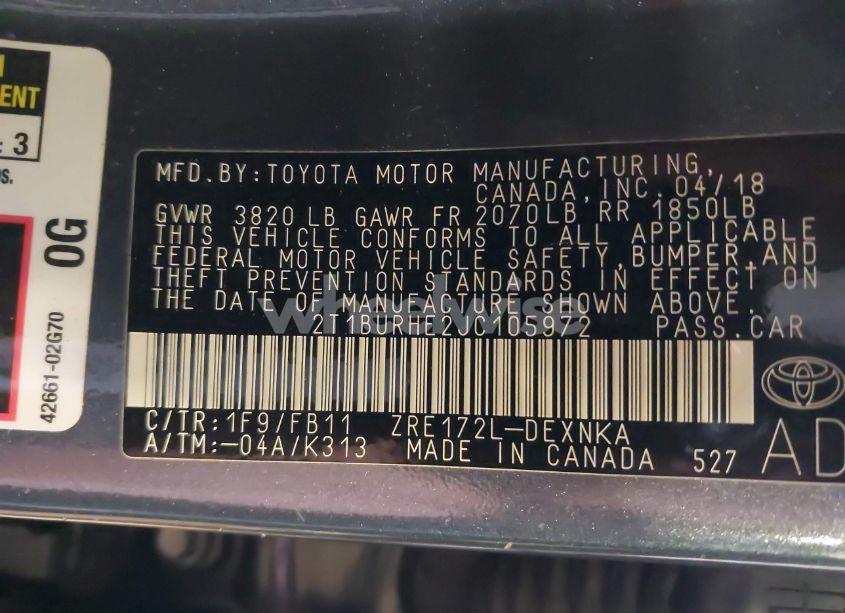 Photo 9 of 2018 Toyota Corolla LE (VIN 2T1BURHE2JC105972)