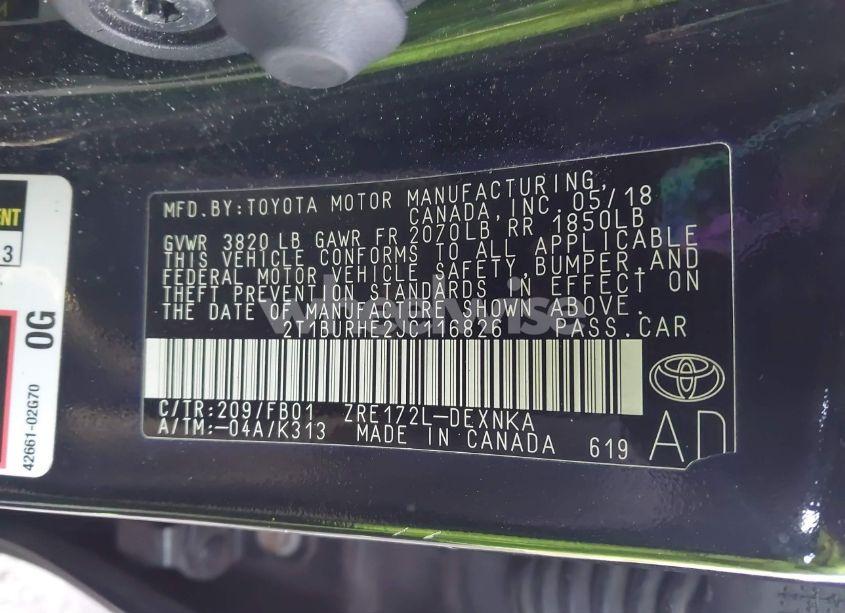 Photo 9 of 2018 Toyota Corolla LE (VIN 2T1BURHE2JC116826)