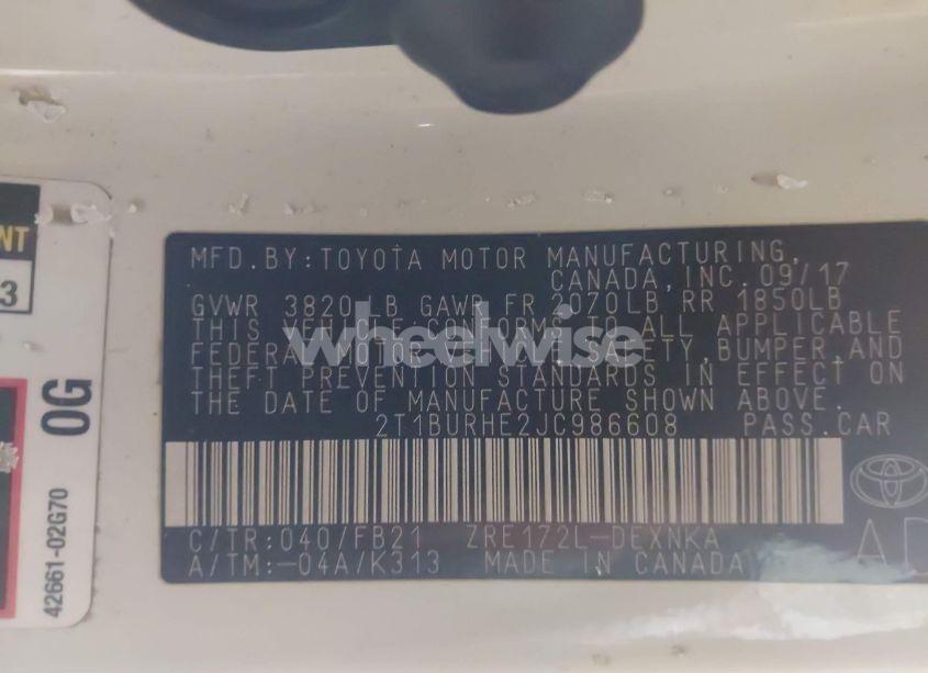 Photo 9 of 2018 Toyota Corolla LE (VIN 2T1BURHE2JC986608)