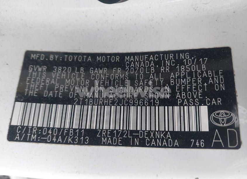 Photo 9 of 2018 Toyota Corolla LE (VIN 2T1BURHE2JC996619)