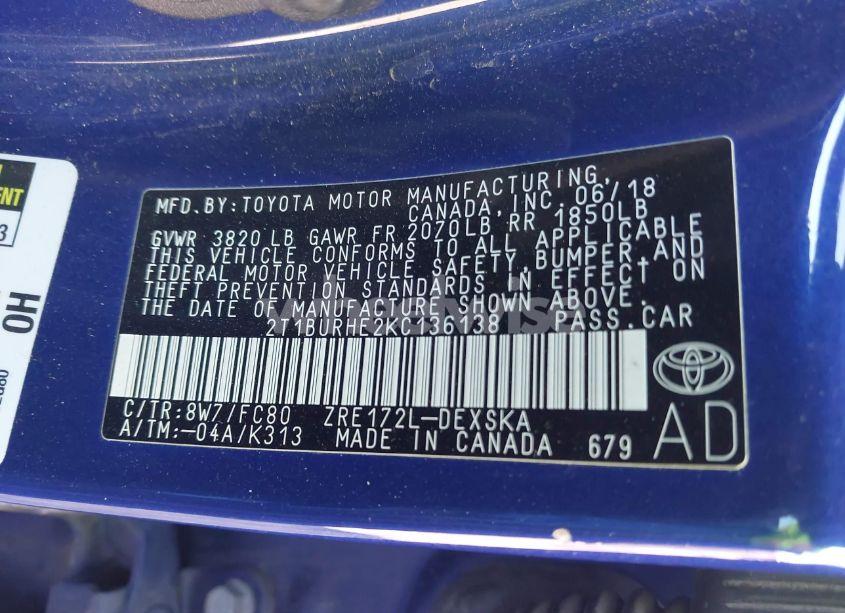 Photo 9 of 2019 Toyota Corolla SE (VIN 2T1BURHE2KC136138)