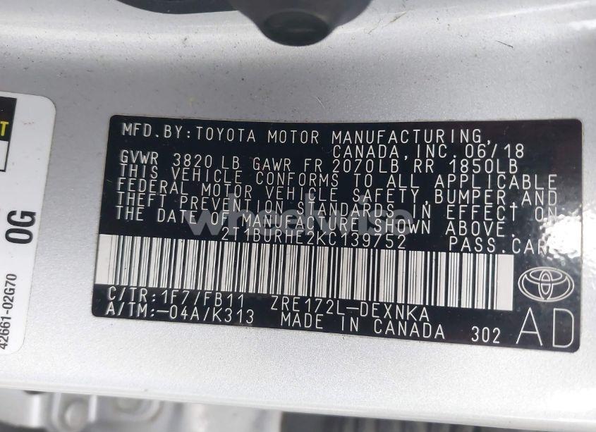 Photo 9 of 2019 Toyota Corolla L/LE/XLE/SE/XSE (VIN 2T1BURHE2KC139752)