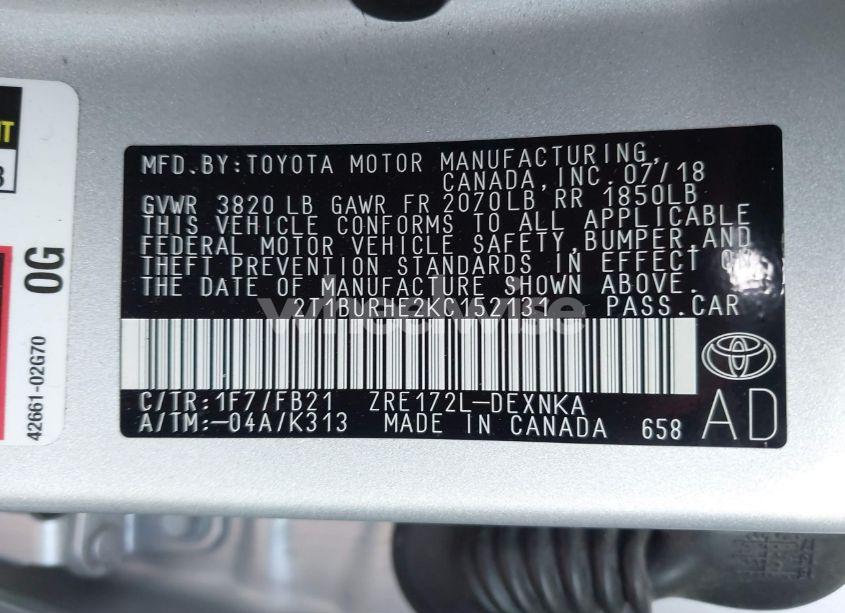 Photo 9 of 2019 Toyota Corolla LE (VIN 2T1BURHE2KC152131)