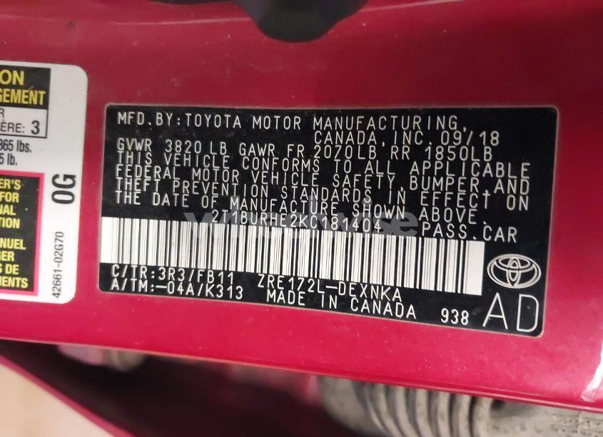 Photo 9 of 2019 Toyota Corolla LE (VIN 2T1BURHE2KC181404)