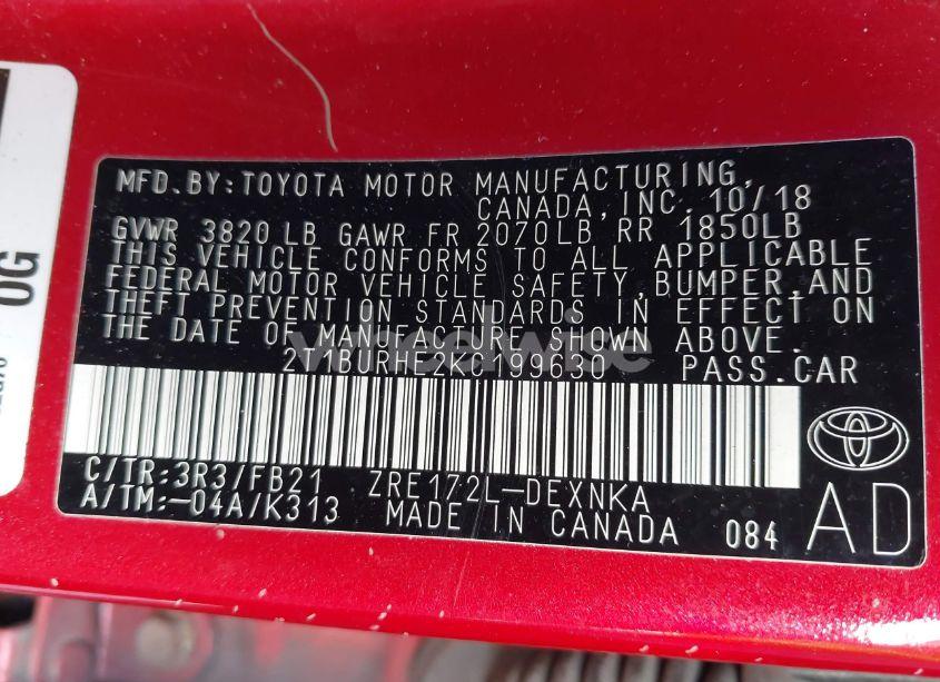 Photo 9 of 2019 Toyota Corolla LE (VIN 2T1BURHE2KC199630)