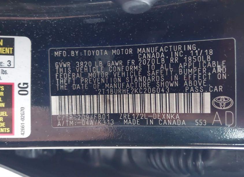 Photo 9 of 2019 Toyota Corolla LE (VIN 2T1BURHE2KC206043)