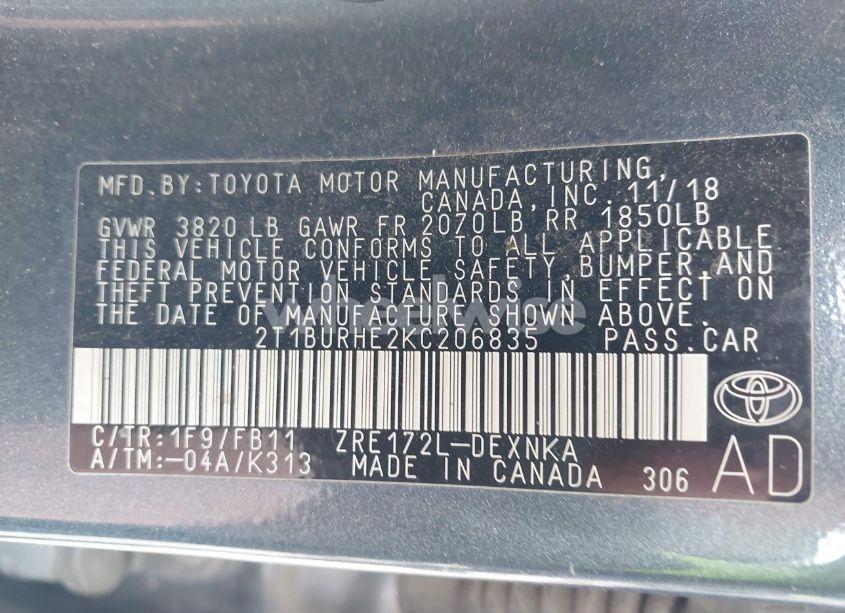 Photo 9 of 2019 Toyota Corolla LE (VIN 2T1BURHE2KC206835)