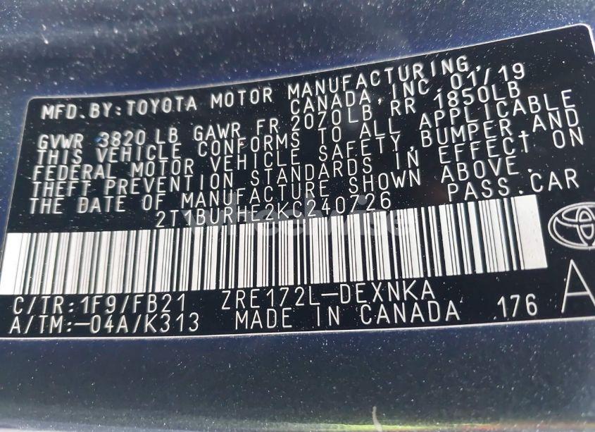 Photo 9 of 2019 Toyota Corolla LE (VIN 2T1BURHE2KC240726)