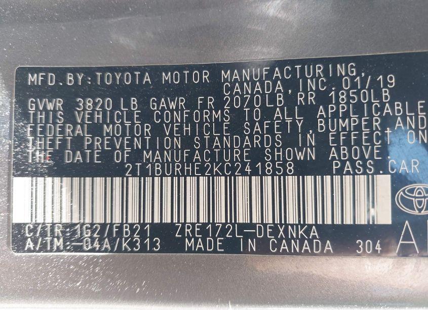 Photo 9 of 2019 Toyota Corolla LE (VIN 2T1BURHE2KC241858)