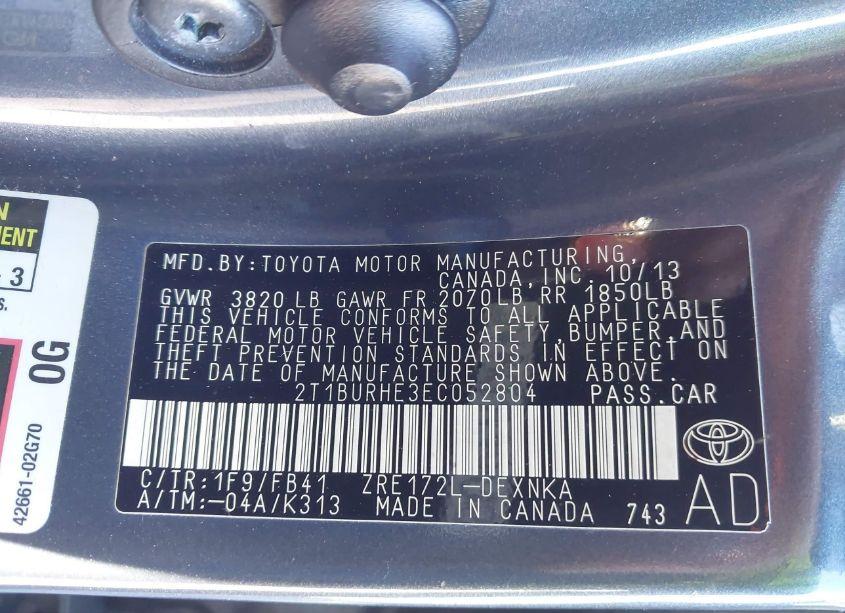 Photo 9 of 2014 Toyota Corolla L/LE/LE PLS/PRM/S/S PLS (VIN 2T1BURHE3EC052804)