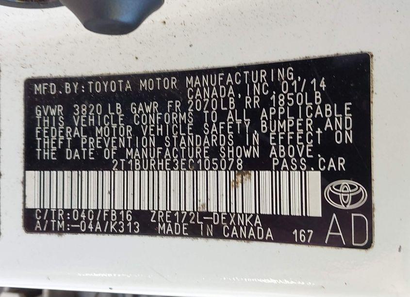 Photo 9 of 2014 Toyota Corolla LE (VIN 2T1BURHE3EC105078)