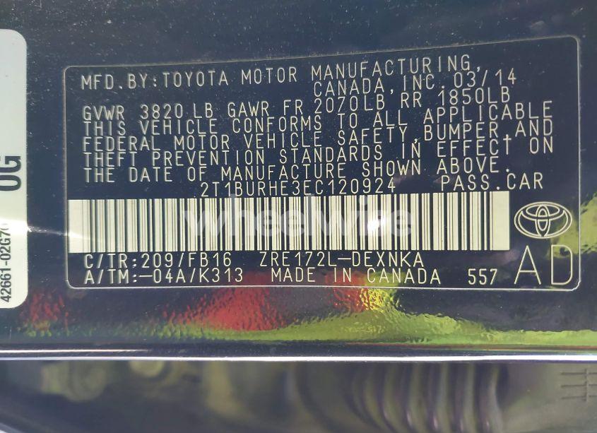 Photo 9 of 2014 Toyota Corolla LE (VIN 2T1BURHE3EC120924)