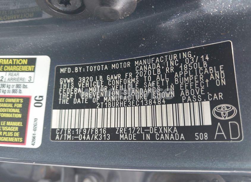 Photo 9 of 2014 Toyota Corolla LE PLUS (VIN 2T1BURHE3EC138484)
