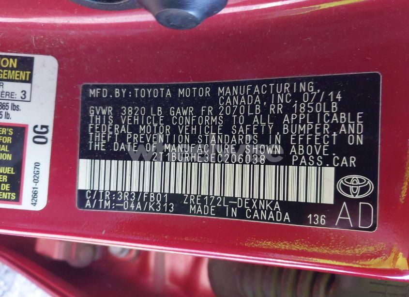 Photo 9 of 2014 Toyota Corolla LE (VIN 2T1BURHE3EC206038)