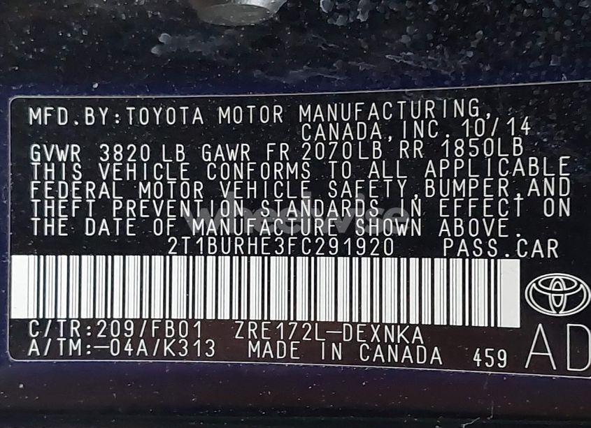 Photo 9 of 2015 Toyota Corolla LE (VIN 2T1BURHE3FC291920)