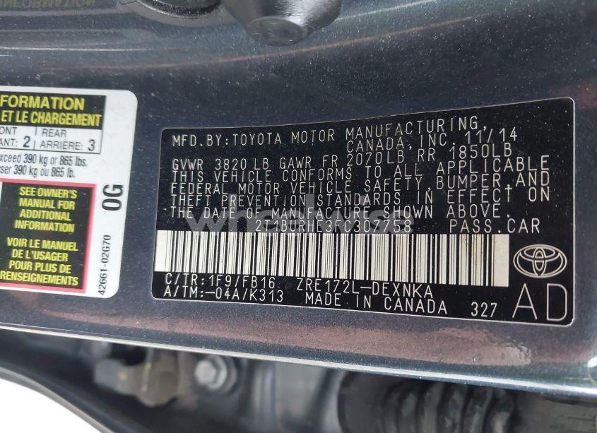 Photo 9 of 2015 Toyota Corolla L/LE/LE PLUS/LE PREMIUM/S/S PLUS/S PREMIUM (VIN 2T1BURHE3FC307758)