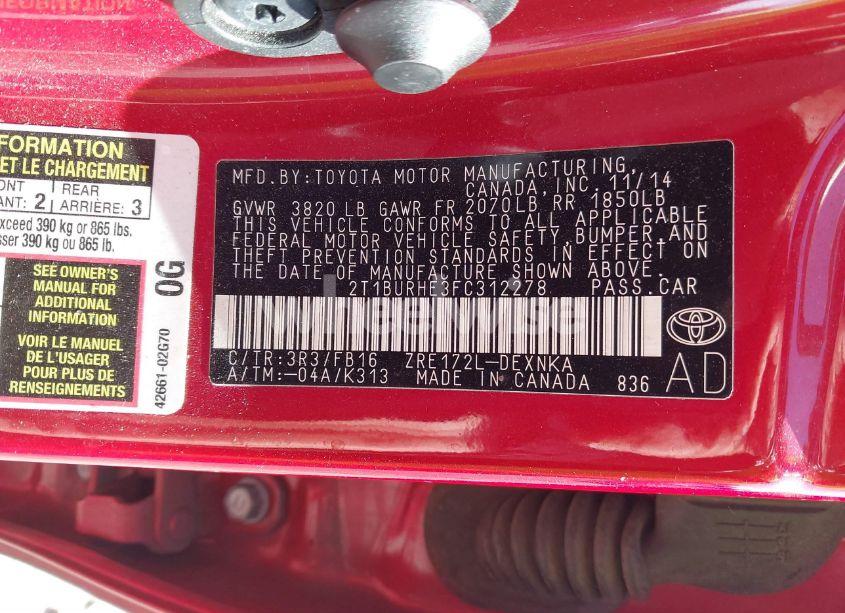 Photo 9 of 2015 Toyota Corolla LE (VIN 2T1BURHE3FC312278)