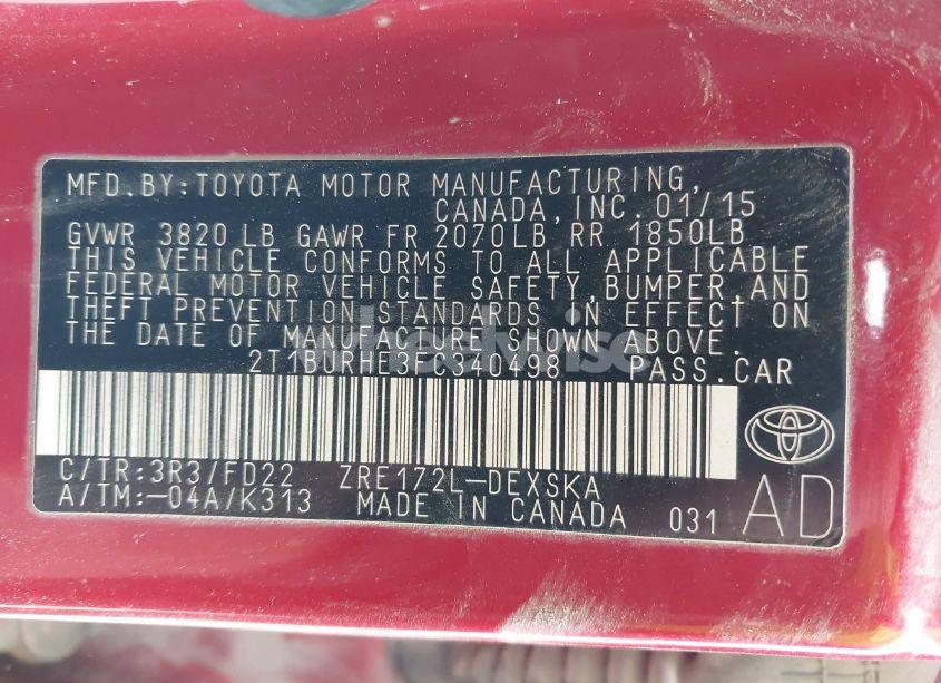 Photo 9 of 2015 Toyota Corolla S PLUS (VIN 2T1BURHE3FC340498)