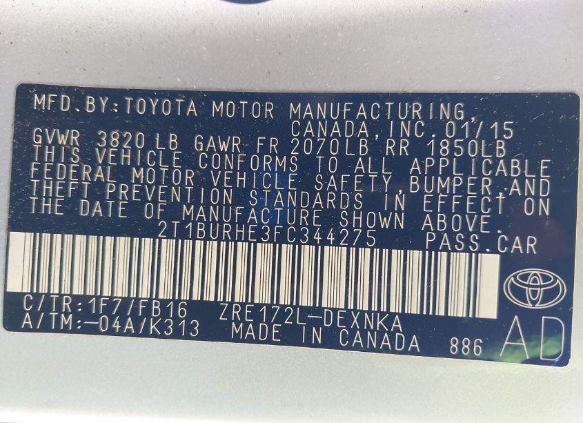 Photo 9 of 2015 Toyota Corolla LE (VIN 2T1BURHE3FC344275)