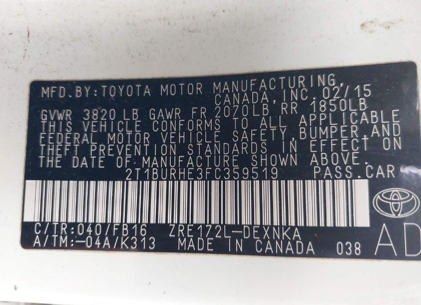 Photo 9 of 2015 Toyota Corolla LE PLUS (VIN 2T1BURHE3FC359519)