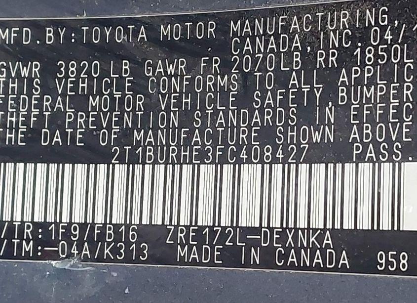 Photo 9 of 2015 Toyota Corolla LE (VIN 2T1BURHE3FC408427)