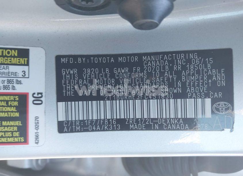 Photo 9 of 2015 Toyota Corolla LE (VIN 2T1BURHE3FC451830)