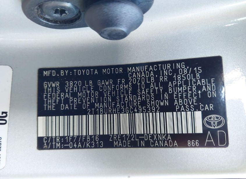 Photo 9 of 2016 Toyota Corolla LE (VIN 2T1BURHE3GC495392)