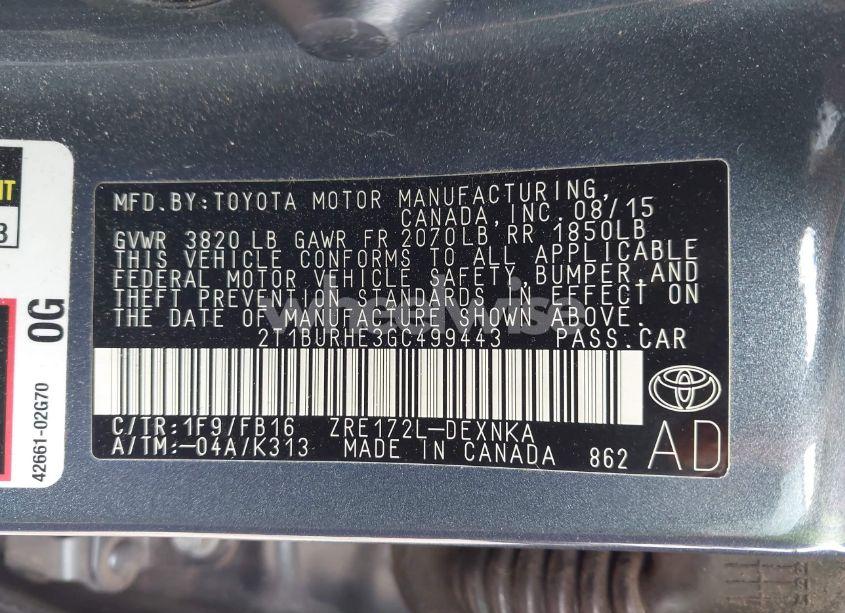 Photo 9 of 2016 Toyota Corolla LE (VIN 2T1BURHE3GC499443)