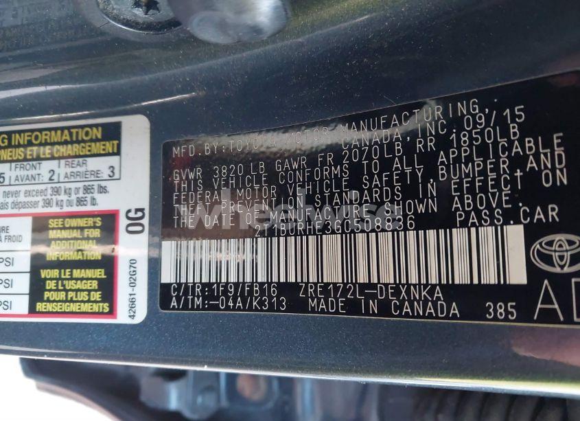 Photo 9 of 2016 Toyota Corolla LE (VIN 2T1BURHE3GC508836)