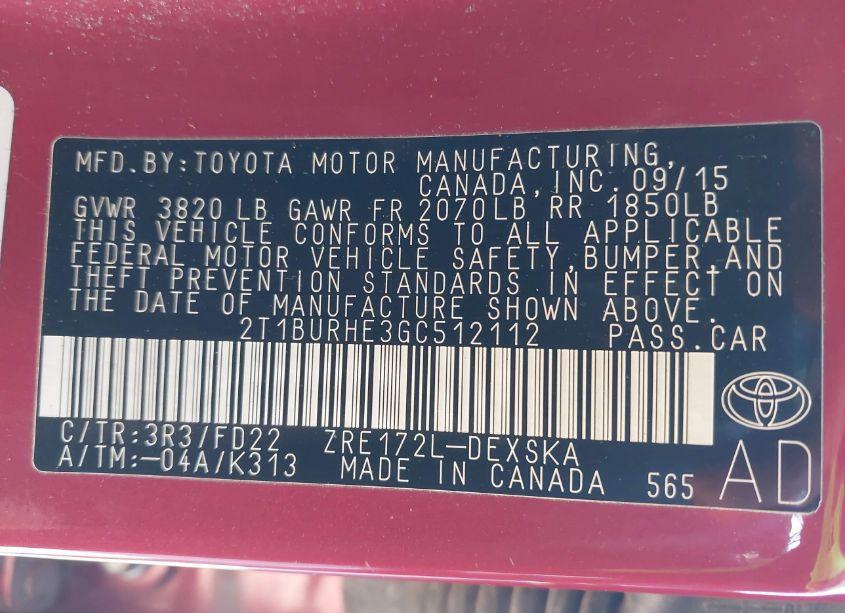 Photo 9 of 2016 Toyota Corolla S PLUS (VIN 2T1BURHE3GC512112)