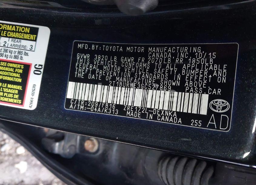 Photo 9 of 2016 Toyota Corolla LE PLUS (VIN 2T1BURHE3GC527869)