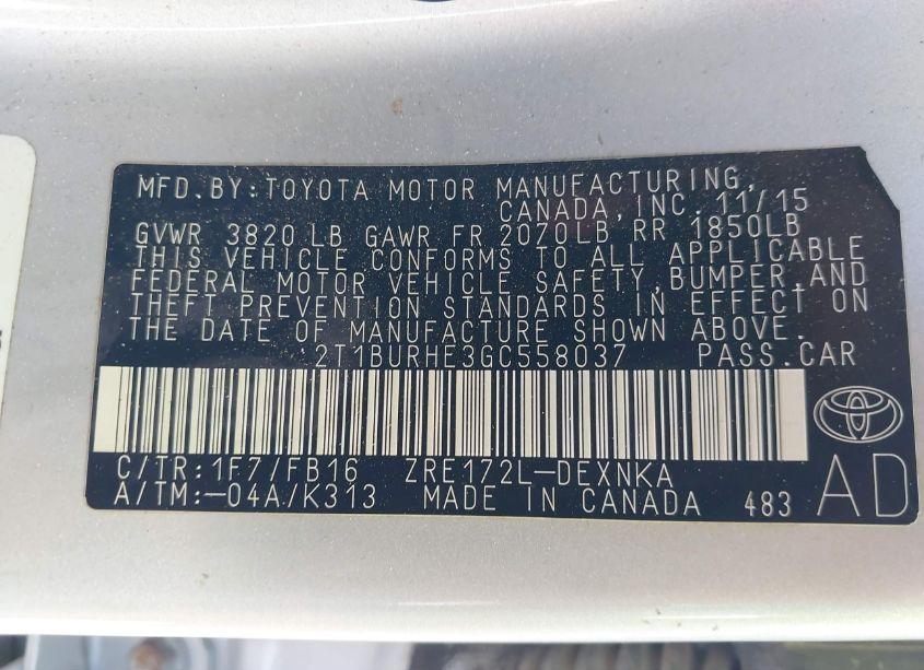 Photo 9 of 2016 Toyota Corolla LE (VIN 2T1BURHE3GC558037)