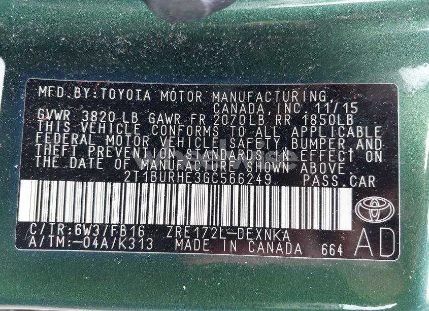 Photo 9 of 2016 Toyota Corolla LE (VIN 2T1BURHE3GC566249)