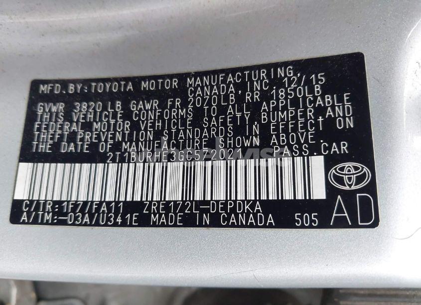 Photo 9 of 2016 Toyota Corolla L (VIN 2T1BURHE3GC572021)