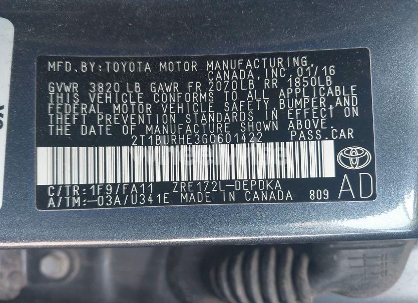 Photo 9 of 2016 Toyota Corolla L (VIN 2T1BURHE3GC601422)