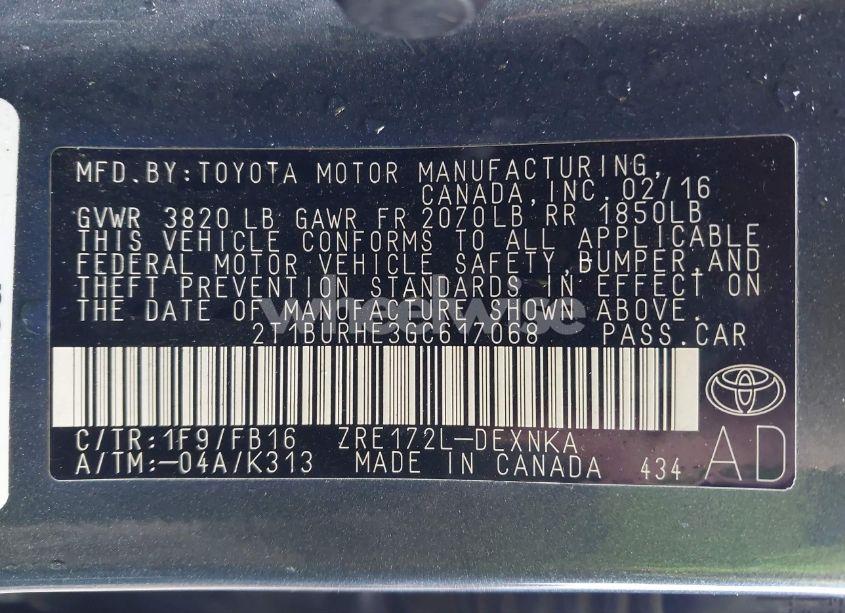 Photo 9 of 2016 Toyota Corolla LE (VIN 2T1BURHE3GC617068)