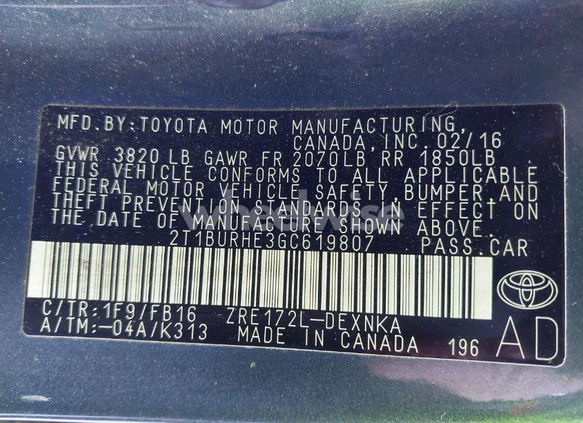 Photo 9 of 2016 Toyota Corolla LE (VIN 2T1BURHE3GC619807)