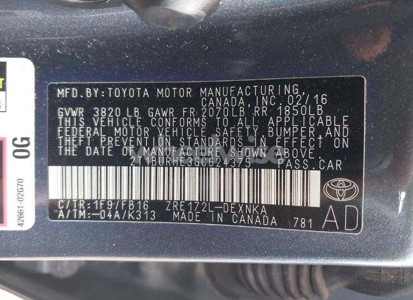 Photo 9 of 2016 Toyota Corolla LE (VIN 2T1BURHE3GC624375)