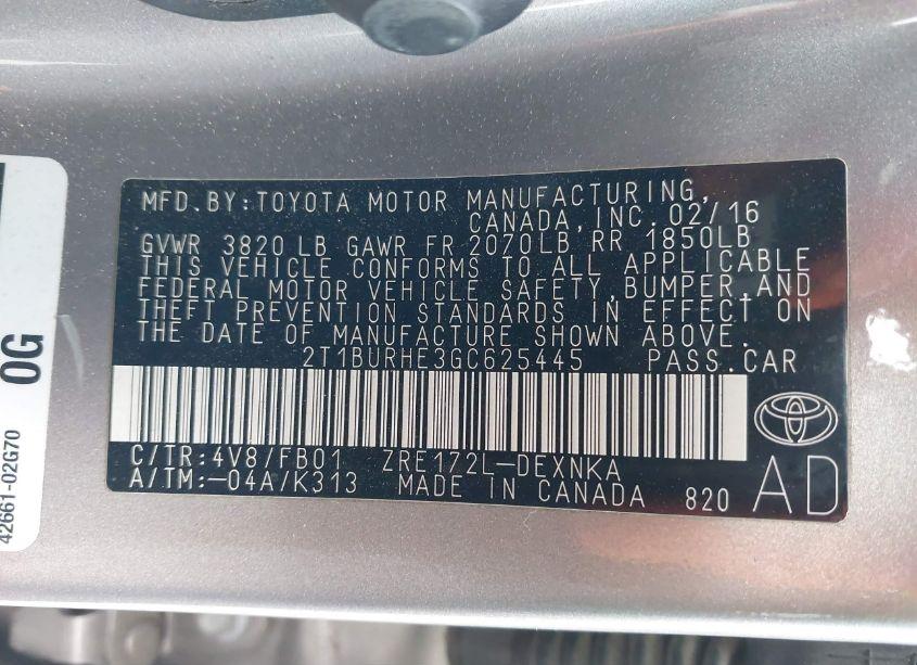 Photo 9 of 2016 Toyota Corolla LE PLUS (VIN 2T1BURHE3GC625445)