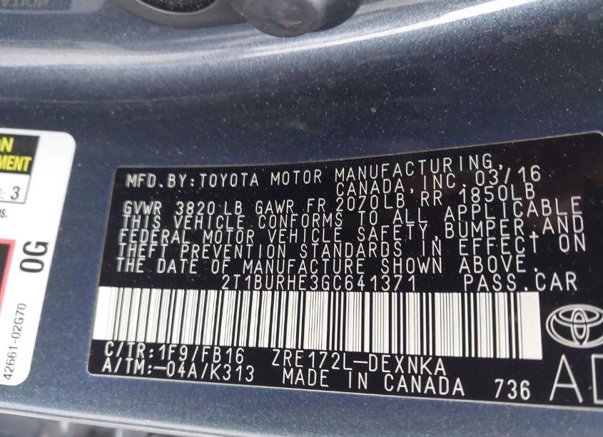 Photo 9 of 2016 Toyota Corolla LE (VIN 2T1BURHE3GC641371)