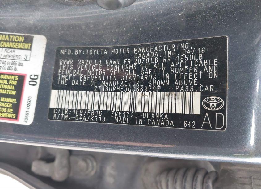 Photo 9 of 2016 Toyota Corolla LE (VIN 2T1BURHE3GC669297)