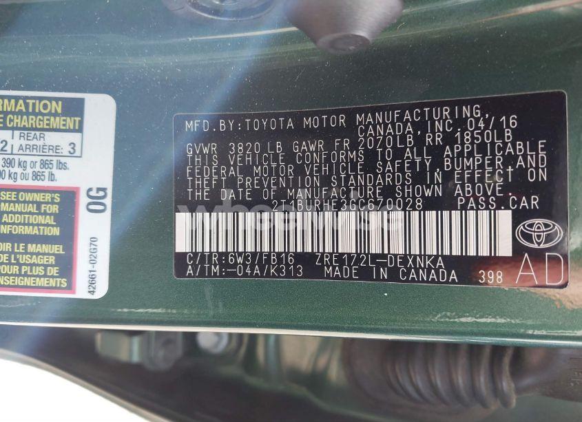 Photo 9 of 2016 Toyota Corolla LE PLUS (VIN 2T1BURHE3GC670028)