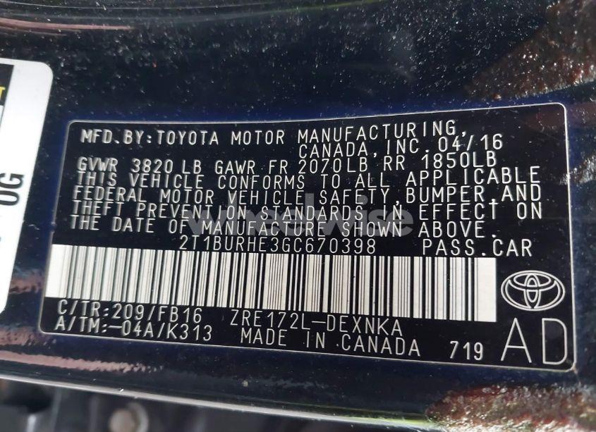 Photo 9 of 2016 Toyota Corolla LE PLUS (VIN 2T1BURHE3GC670398)