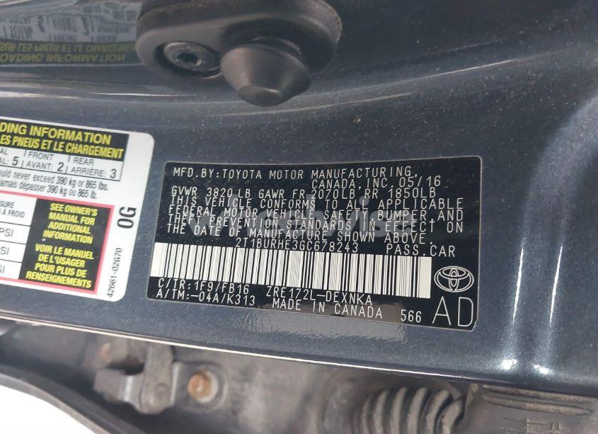 Photo 9 of 2016 Toyota Corolla LE (VIN 2T1BURHE3GC678243)