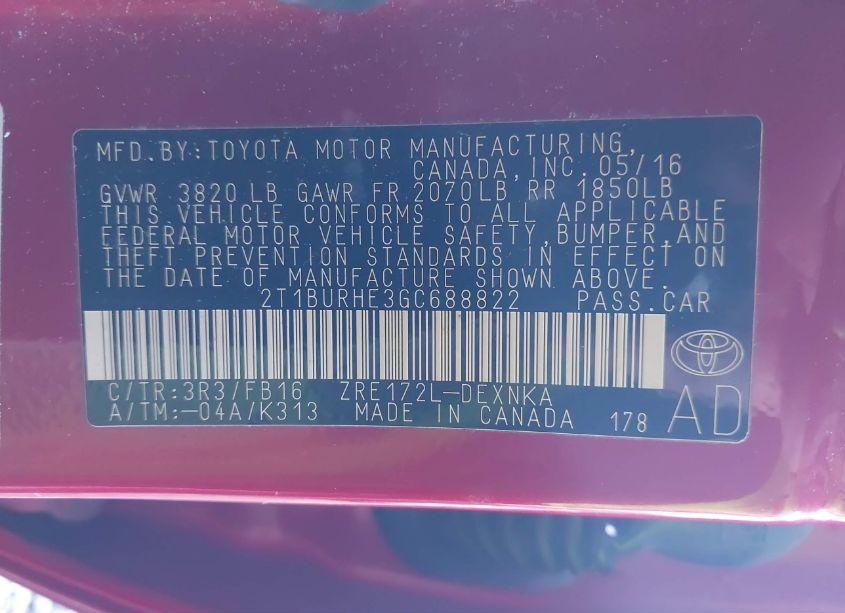 Photo 9 of 2016 Toyota Corolla LE (VIN 2T1BURHE3GC688822)